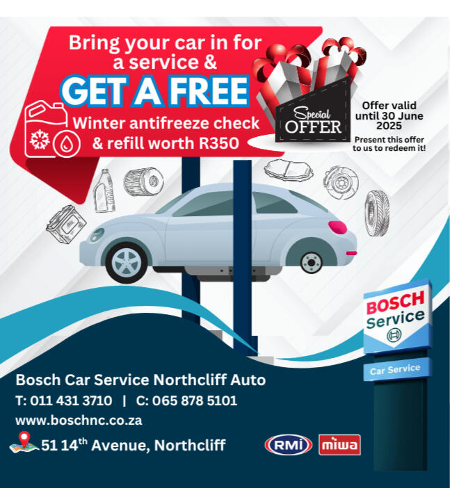 Bosch Car Service Northcliff Auto May special with car graphic to illustrate a car special, illustration includes the special stating that when you bring your car in for a service in May you get a free winter antifreeze check and refill worth R350.